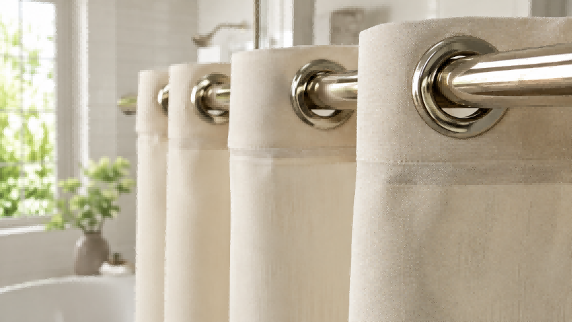 short barrel eyelets, The short barrel eyelets are installed along the top edge of the white curtain.